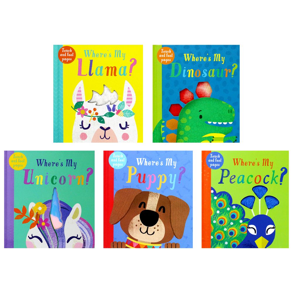 Wheres My Touchy Feely 5 Book Set Collection Library (Dinosaurs, Llama, Unicorn, Puppy & Peacock)