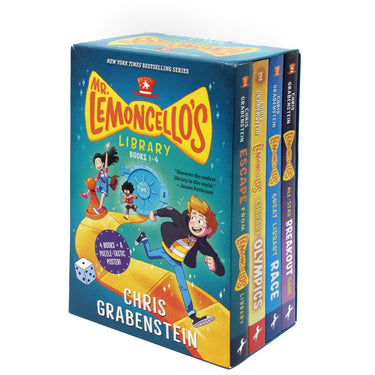 Photo of Mr. Lemoncello's Library Books 1-4 Box Set by Chris Grabenstein on a White Background
