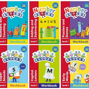 Numberblocks and Alphablocks Level 1 Collection 6 Workbooks Set With Stickers (Numberblocks Numbers and Counting, Adding and Subtracting, Puzzles and ... More) (Numberblocks and Alphablocks Workbooks)