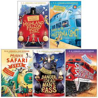Adventures on Trains 5 Book Set by M. G. Leonard & Sam Sedgman –Highland Falcon Thief, California Comet, Safari Star,Mystery Stories for Young Readers