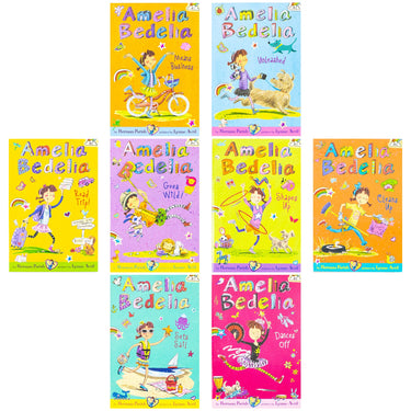 Amelia Bedelia 8 Book Collection Set by Hermin Parish (Dances Off, Sets Sail, Cleans Up, Shapes Up, Goes Wild, Road Trip, Unleashed, Means Business)