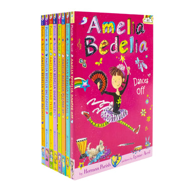 Amelia Bedelia 8 Book Collection Set by Hermin Parish (Dances Off, Sets Sail, Cleans Up, Shapes Up, Goes Wild, Road Trip, Unleashed, Means Business)