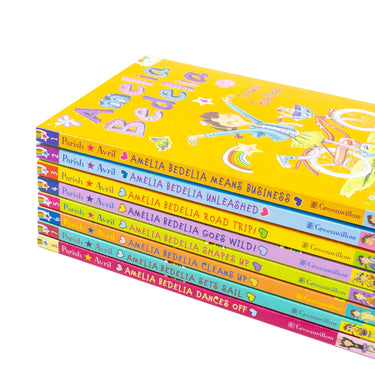 Amelia Bedelia 8 Book Collection Set by Hermin Parish (Dances Off, Sets Sail, Cleans Up, Shapes Up, Goes Wild, Road Trip, Unleashed, Means Business)