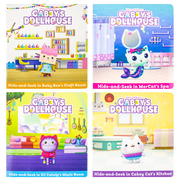Gabby’s Dollhouse Hide-and-Seek 4 Books Collection Set - In Baby Box’s Craft Room, MerCat’s Spa, DJ Catnip’s Music Room and In Cakey Cat’s Kitchen | Board book