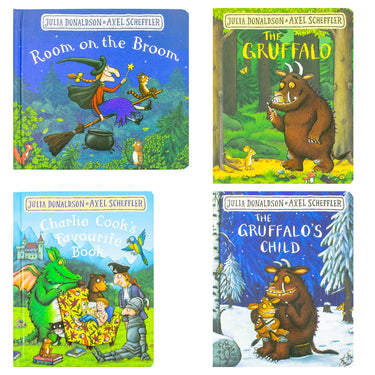 Julia Donaldson And Axel Scheffler 4 Book Collection Set (Charlie Cookie's Favourite Book, The Gruffalo, The Gruffalo's Child, Room On The Broom)