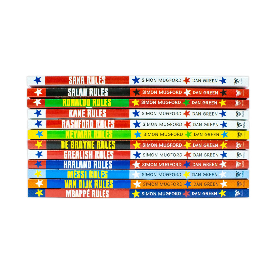 Football Superstars 12 Books Collection Rules Mega Pack Set By Simon Mugford & Dan Green (Ronaldo, Neymar, Messi, Kane, Mbappe, Rashford, Haaland, Salah, De Bruyne & More)