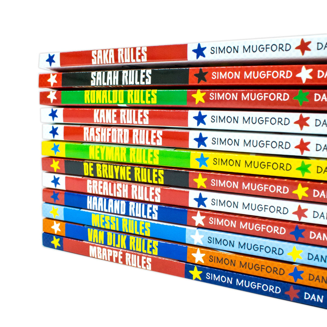 Football Superstars 12 Books Collection Rules Mega Pack Set By Simon Mugford & Dan Green (Ronaldo, Neymar, Messi, Kane, Mbappe, Rashford, Haaland, Salah, De Bruyne & More)