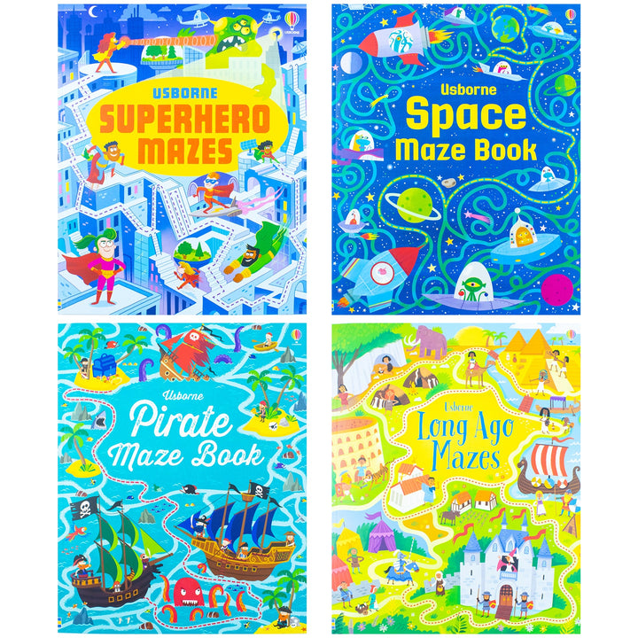 Usborne Maze Series 4 Books Collection Set By Sam Smith & Kirsteen Robson(Superhero Mazes, Pirate Maze Book, Long Ago Mazes & Space Maze Book)