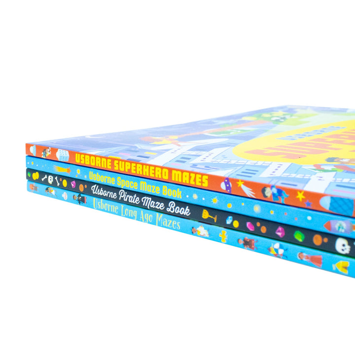 Usborne Maze Series 4 Books Collection Set By Sam Smith & Kirsteen Robson(Superhero Mazes, Pirate Maze Book, Long Ago Mazes & Space Maze Book)