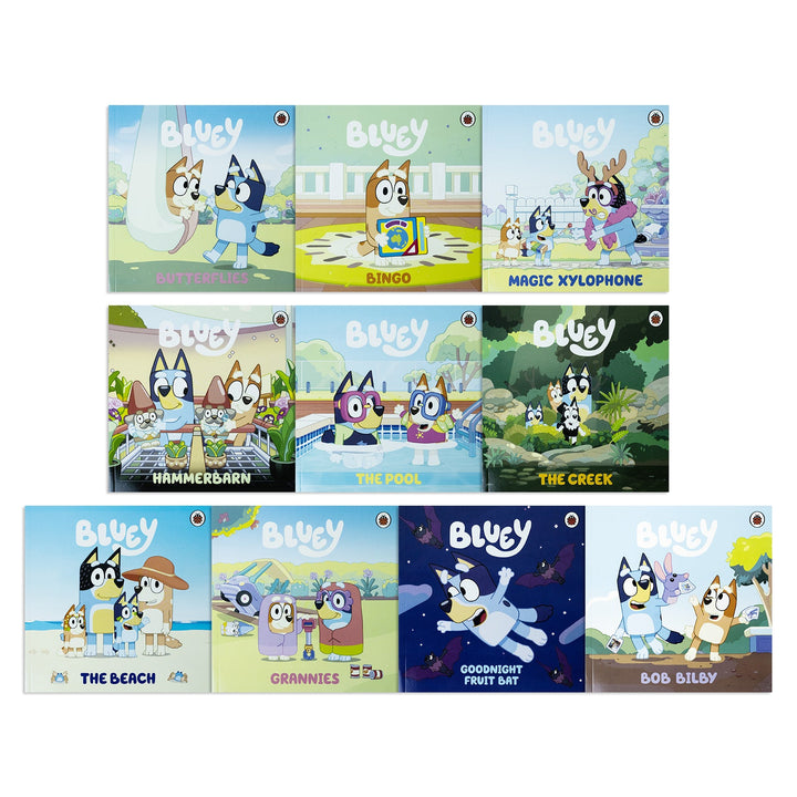 Bluey lets Do This! 10 Picture Books Story Collection Box Set (The Beach, Goodnight Fruit Bat, Butterflies, Bingo, Magic Xylophone, Hammerbarn, The Pool, The Creek, Grannies & Bob Bilby