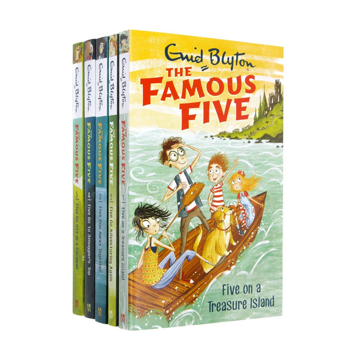 Famous five collection 5 books set by Enid Blyton (Five go to Smuggler's top, a Caravan, Run Away Together, Adventuring Again, Treasure Island)