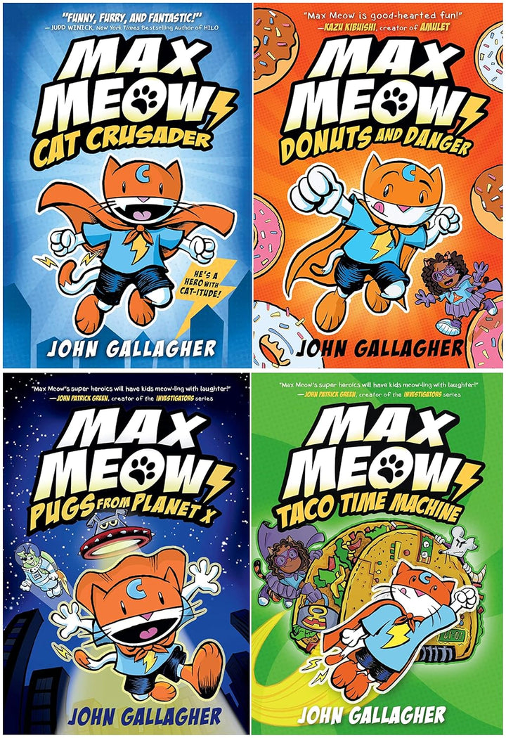 Max Meow 4 Books A Graphic Novel Collection Set By John Gallagher(Max Meow Cat Crusader, Donuts and Danger, Pugs from Planet X, Taco Time Machine)