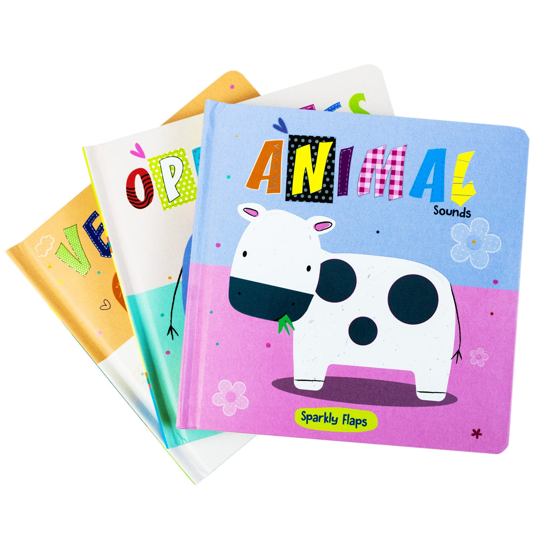 Sparkly Lift the Flaps Board book Collection 3 Book Set (Opposites, Vehicles, Animal Sounds)