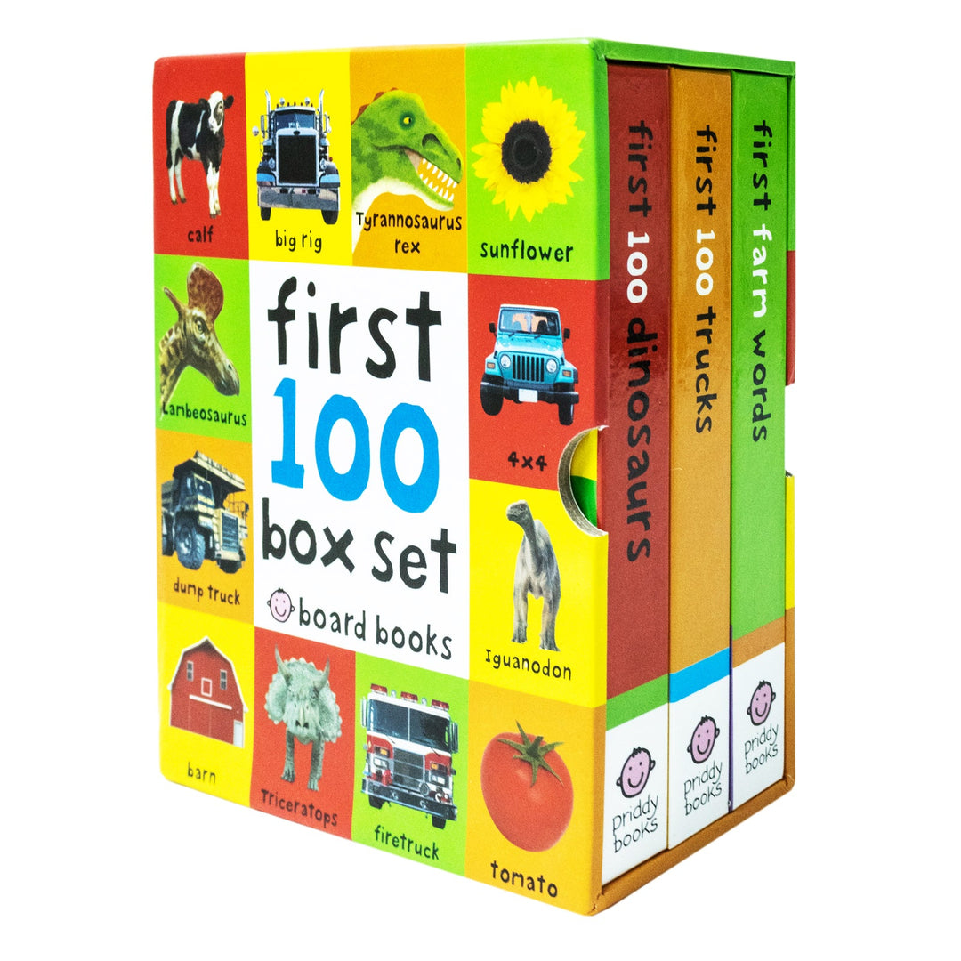 First 100 series 3 Books by Roger Priddy (Trucks, Dinosaurs & First Farm Words) Children Collection Box Set