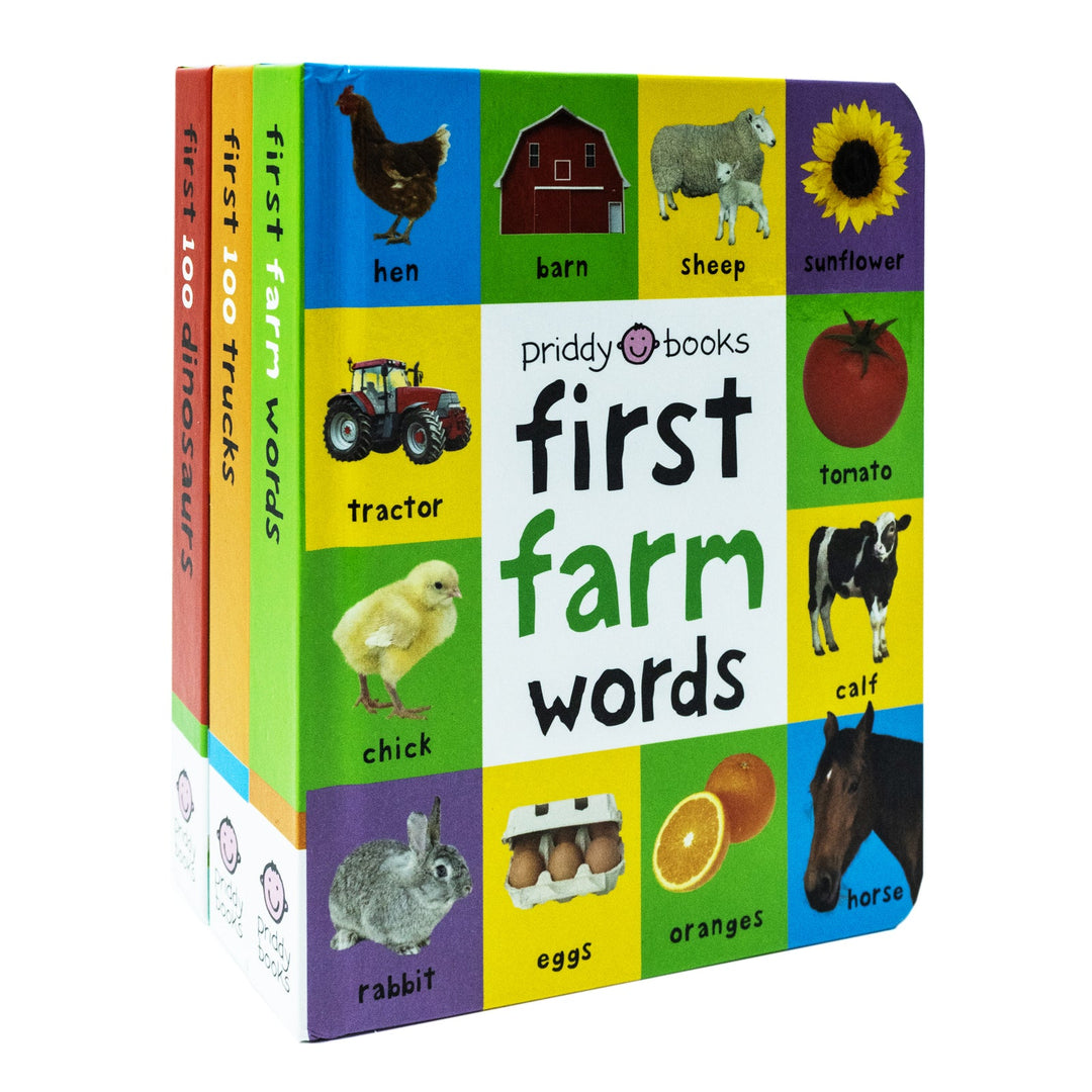 First 100 series 3 Books by Roger Priddy (Trucks, Dinosaurs & First Farm Words) Children Collection Box Set