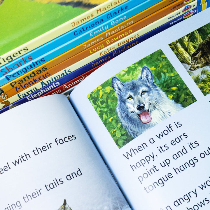 Usborne Beginners Animals Collection 10 Books Box Set (Bears, Dangerous Animals, Elephants, Farm Animals, Monkeys, Pandas, Penguins, Sharks, Tigers & Wolves)