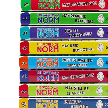 Photo of World of Norm 12 Book Set Spines by Jonathan Meres on a White Background