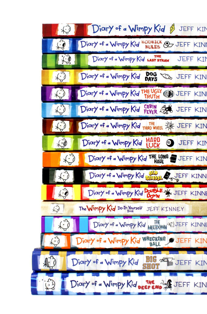 Photo of Diary of a Wimpy Kid 16 Book Collection Set Spines by Jeff Kinney on a White Background