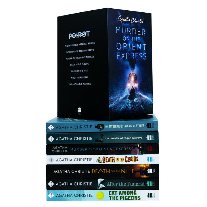 Agatha Christie Poirot 7 Book Collection (Murder on the Orient Express, Death on the Nile, The Mysterious Affair, Death in the Clouds, Cat Among, The Murder Roger, After the Funeral)